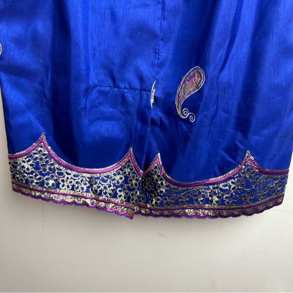 Vintage Blue Embroidered Gold Sequins Paisley All Over Embellished Trim Skirt - Picture 12 of 15